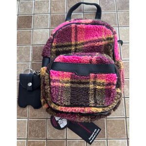 Women's No Boundaries Plaid Sherpa Mini Backpack One Size Pink Brown